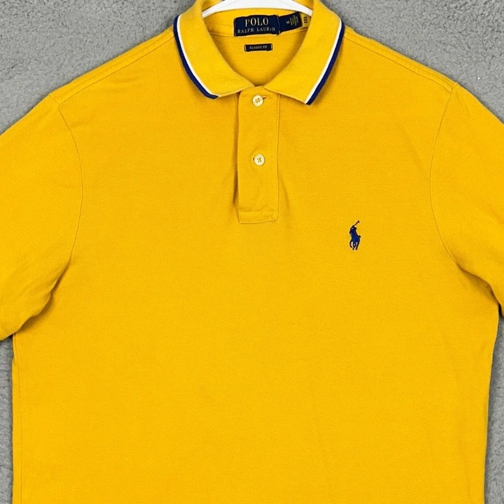 Polo Ralph Lauren Polo Shirt Mens Medium Classic Fit Yellow Tipped Trim Rugby